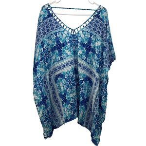 La Blanca Blue White Geometric Print Kaftan Cover Up Tunic Top OS Beach Vacation